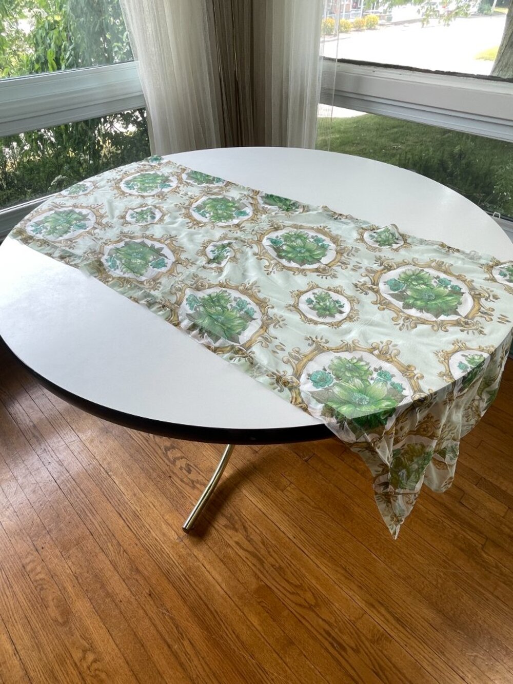 Vintage 60s sheer floral curtain, green flower bouquets, single short wide panel